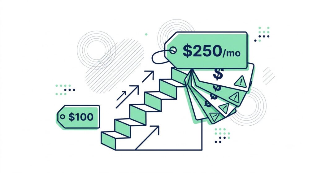 Illustration of hidden pricing tags and a rising cost staircase representing HubSpot vs Pipedrive pricing escalation risk