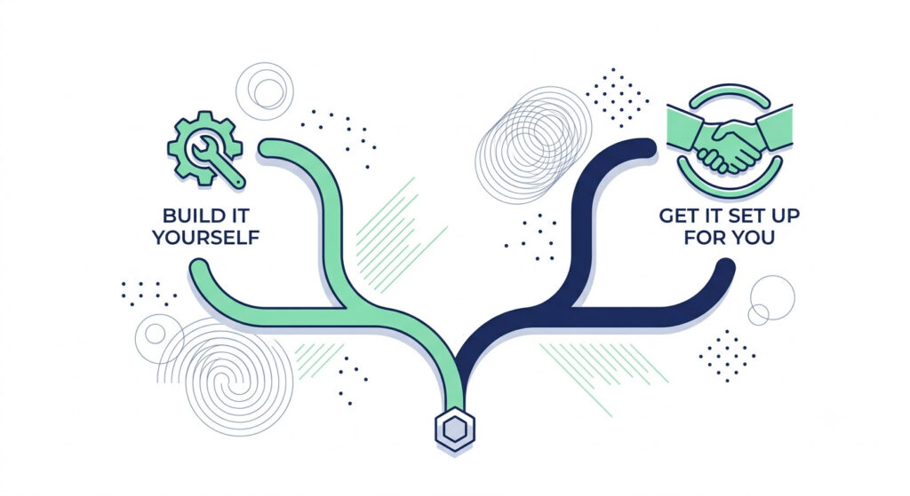 Illustration of two paths, one for building an automated lead follow up system yourself and one for getting it set up by someone else.
