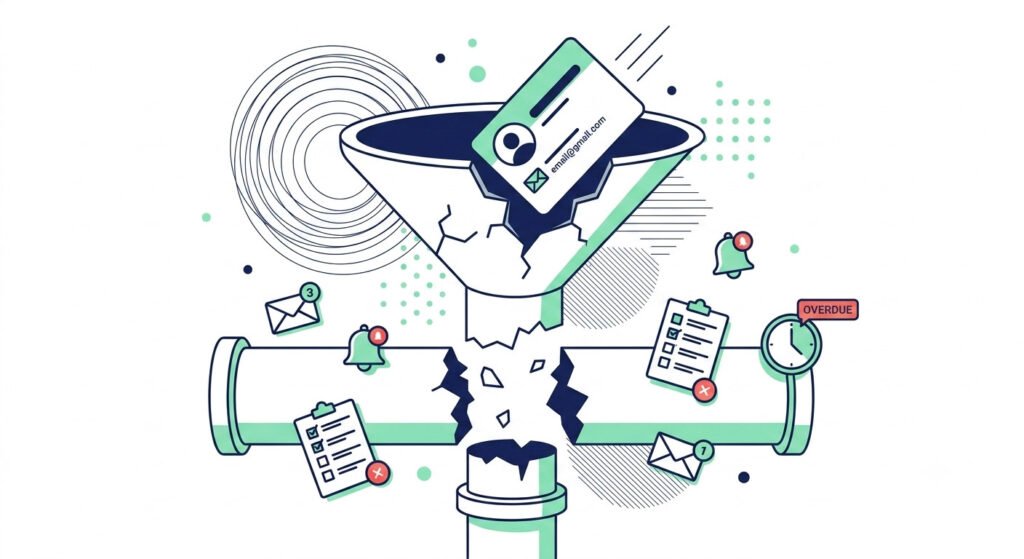 Illustration of a lead falling through a broken CRM pipeline, representing the risk of choosing the wrong tool in the HubSpot vs Pipedrive decision