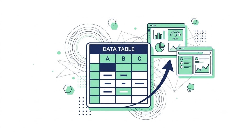 Illustration of a spreadsheet grid growing toward software dashboards, representing a Google Sheets CRM as a starting alternative to HubSpot or Pipedrive