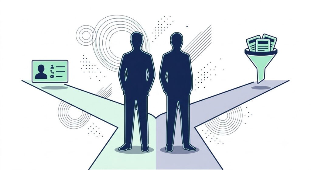 Illustration of two business owners choosing between a simple contact tracking path and a structured sales pipeline path, representing the HubSpot vs Pipedrive decision