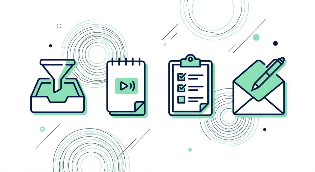 Illustration of four generic AI tool category icons, inbox assistant, meeting note taker, ai task management tool, and email assistant