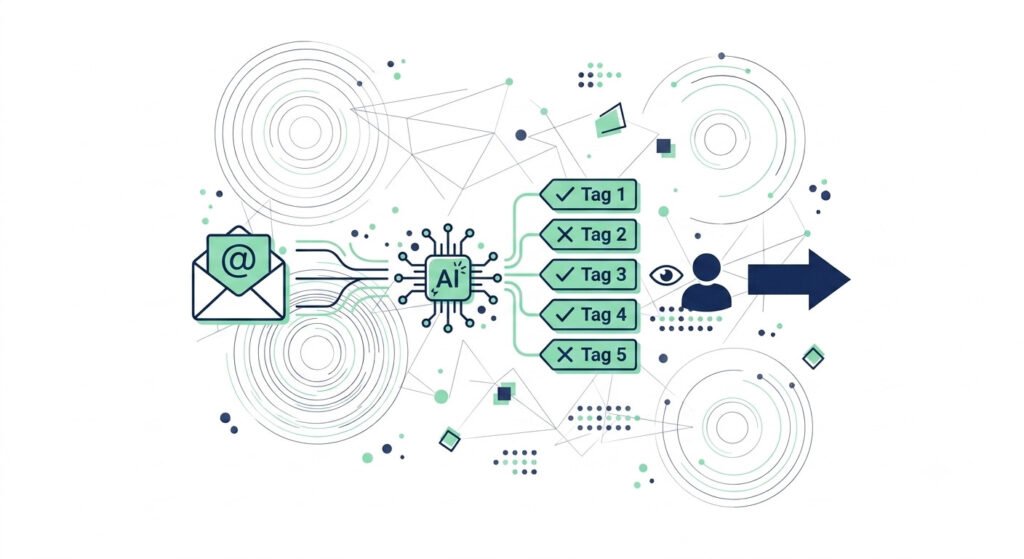 Illustration of an email being processed by AI lead scoring into five factor tags, with a human reviewing the output before sending
