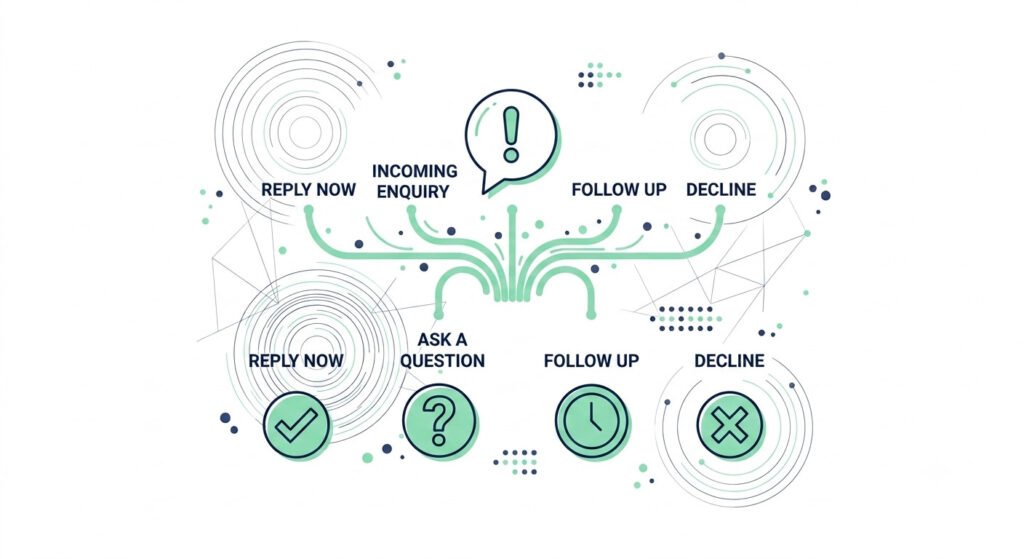 Illustration of a decision tree showing four outcomes after scoring a lead, reply now, ask a question, follow up, or decline
