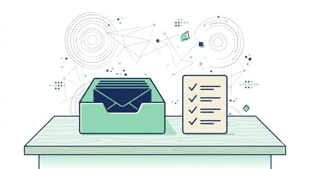 Illustration of an email inbox and a five-factor checklist, showing the minimal tools needed to qualify a sales lead