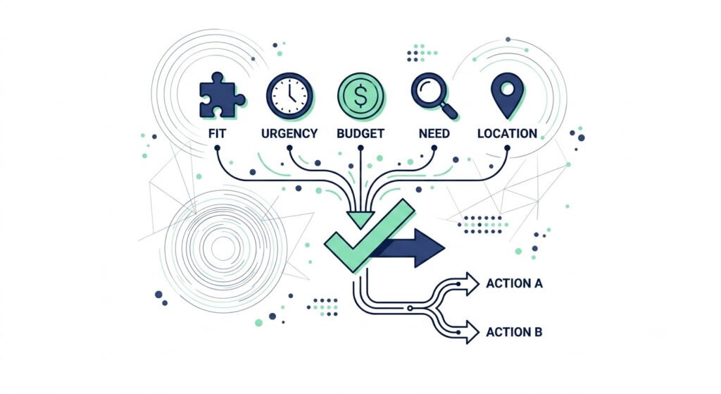 Illustration of five lead qualification criteria icons, fit, urgency, budget, need, and location, feeding into a single decision point