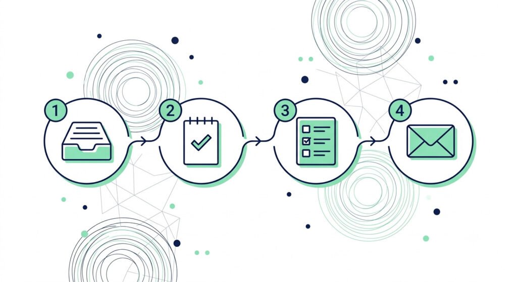 Illustration of four sequential AI admin workflow steps, inbox sorting, meeting notes, task extraction, and email drafting, connected by arrows