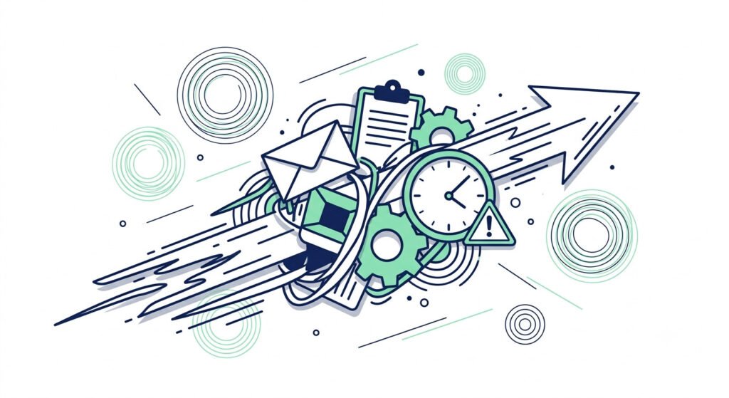 Illustration of tangled admin task icons moving fast along a motion streak, representing the risk of trying to automate small business admin before standardising the process
