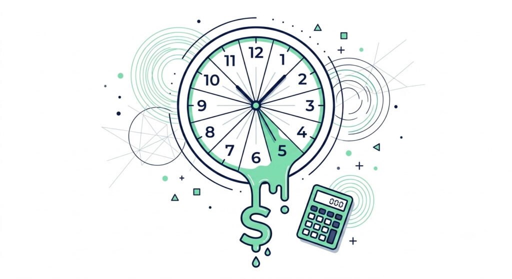 Illustration of money leaking from a clock face, representing the hidden financial cost admin time creates before using ai tools for small business
