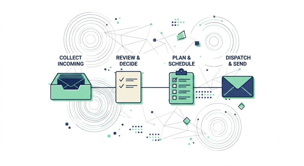 Illustration of four connected admin workflow icons, inbox, notes, tasks, and email, representing the scope of an ai office assistant workflow