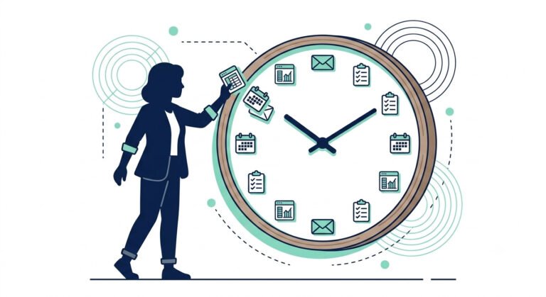 Illustration of a small business owner removing admin task icons from a clock, representing AI tools for small business time savings