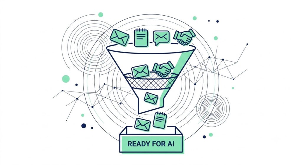 Illustration of a decision filter funnel showing which admin tasks are ready for AI standardisation and which should remain manual
